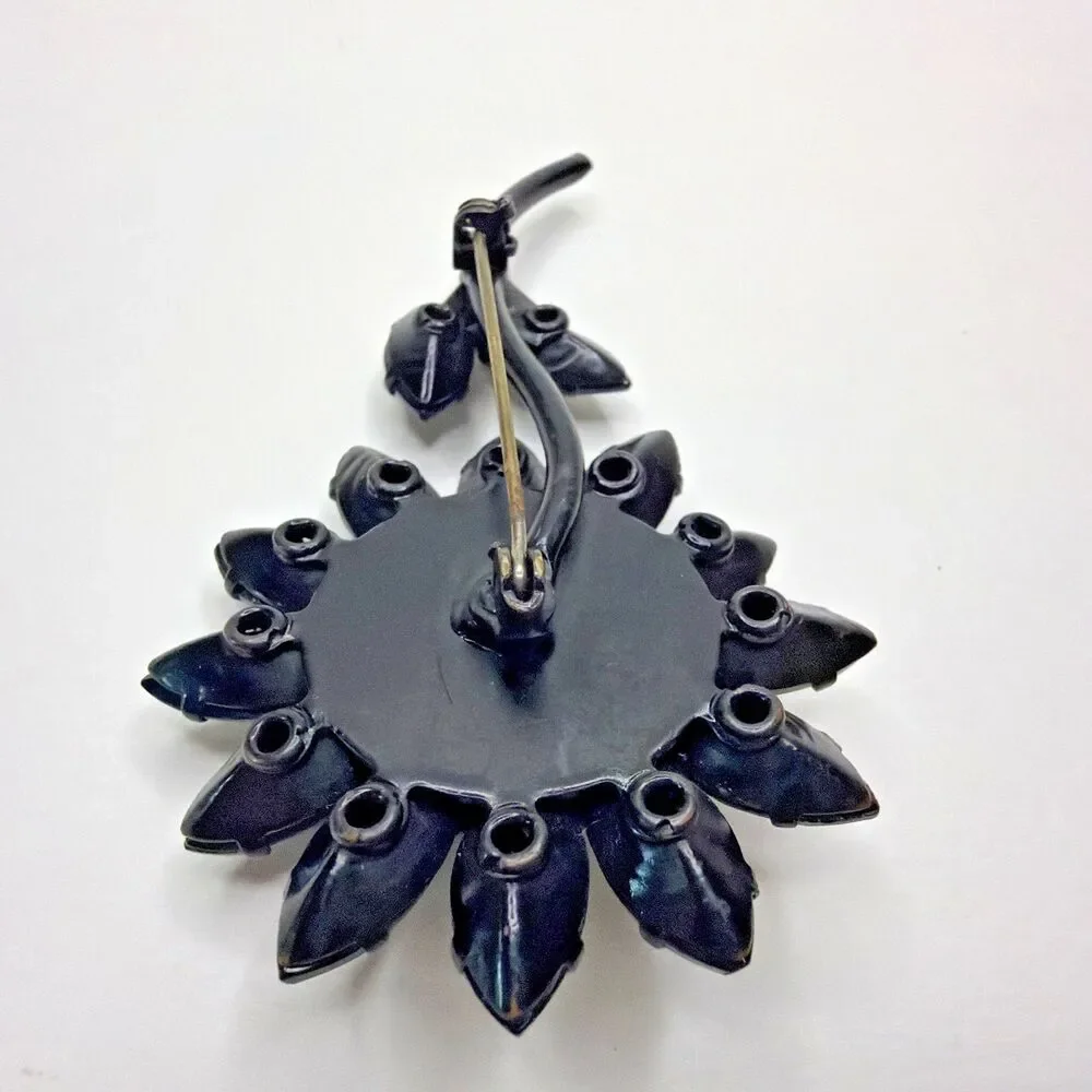VTG MidCentury Black Rhinestone Flower Brooch Pin Open Back Japanned Daisy AS-IS
